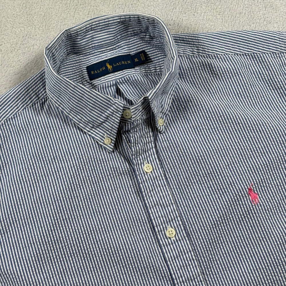 Ralph Lauren Mens Seersucker Shirt Blue White Stripe Short Sleeve Pink Pony XL